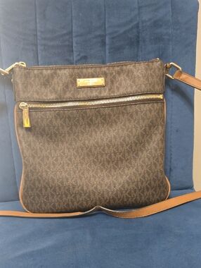 Michael Kors Brown Logo Crossbody with Tan Trim and Gold Hardware Plate